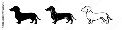 A set of minimalist dog icons featuring a dachshund silhouette in solid black, detailed black, and thin line art styles.
