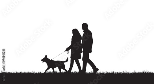silhueta de casal passeando com cachorro conceito de familia amor e vida cotidiana isolado sobre fundo branco