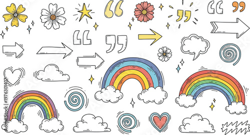 Rainbows appear with flowers and speech bubbles.