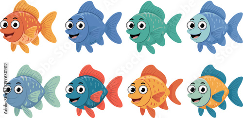 Set of cute cartoon goldfish characters with happy faces in various colors isolated on a plain white background