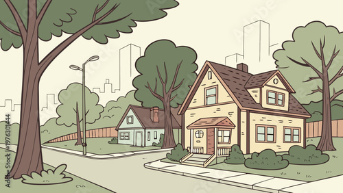 Suburban neighborhood, cartoon houses, trees, and city skyline, vector illustration, residential area