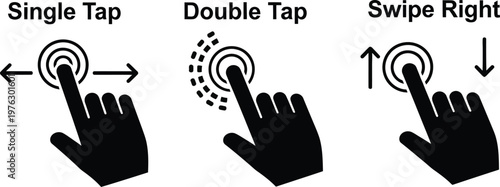 Illustrations of basic touchscreen interaction gestures for user interface navigation