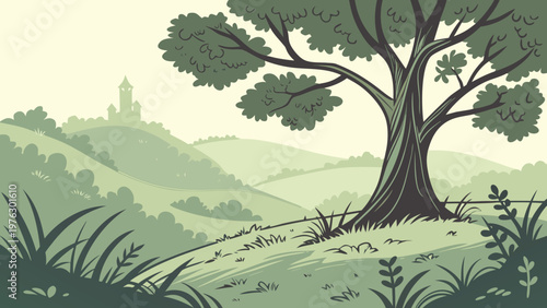 Vector landscape illustration, green hills, tree, countryside scenery, nature background
