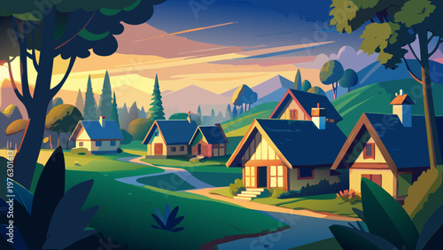 Suburban neighborhood, cartoon houses, green lawns, sunset background, vector illustration