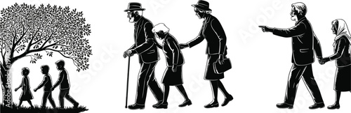 Silhouettes of elderly couples and family walking under a tree, black and white people walking