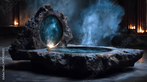 Pre-Qin Mid-Autumn Moon Sacrifice Illustration, Basalt Altar, Full Moon Divine Light, Bronze Jue, Jade Cong, Cosmic Nebula for Commercial Use
