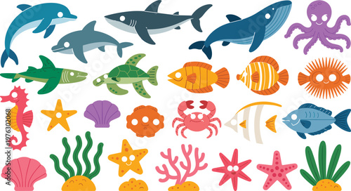 Large set of cute cartoon sea life characters including fish dolphins sharks whales turtles and colorful coral reef elements