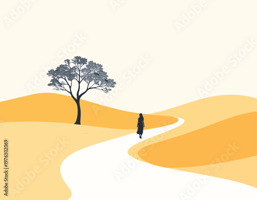 Minimalist nature landscape with sand dunes walking person and tree vector illustration.