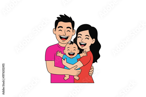Smiling Asian family with baby on white background happy couple people person parent
