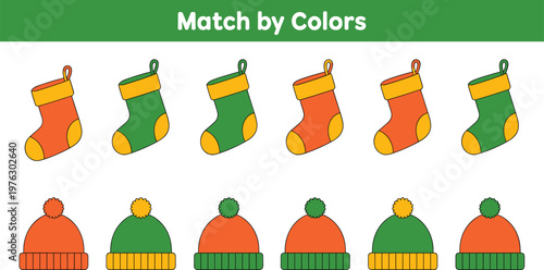 Educational matching game for kids to connect winter socks and hats by color isolated on a white background