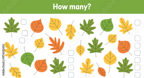 Educational mathematical game for children to count the number of different colorful autumn leaves isolated on white background