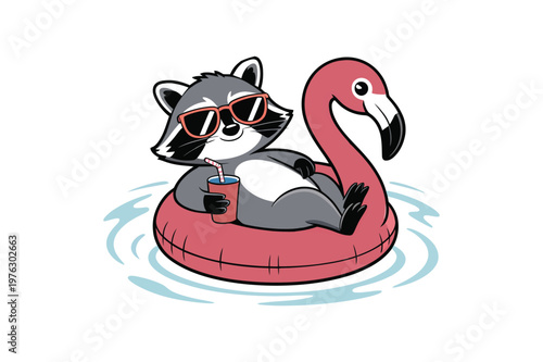 Raccoon wearing sunglasses floating on pink flamingo raft in water with a drink