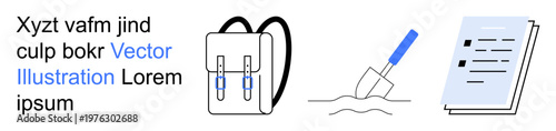 Education, travel, learning, exploration, writing, and documentation. a backpack, a shovel in sand and a page with text. Education and travel illustrated through practical tools and symbols