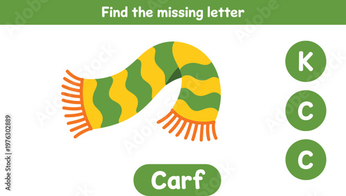 Educational worksheet for children to find the missing letter for the word scarf isolated on white background