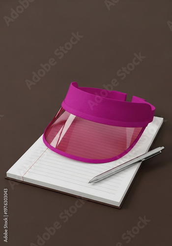 ピンク色のサンバイザーがノートとペン上に置かれている静止画