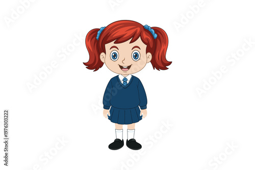 Cartoon illustration of a smiling young girl in a school uniform with pigtails