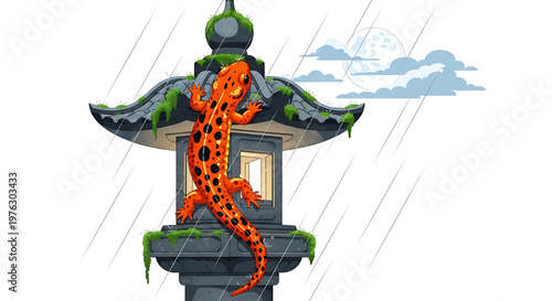 A vibrant orange lizard climbs a traditional Japanese pagoda lantern on a rainy night with a full moon