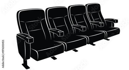 Four black theater seats in a row depicted as a stark silhouette