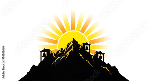 A minimalist vector graphic illustration of a mountain range with temples at sunrise