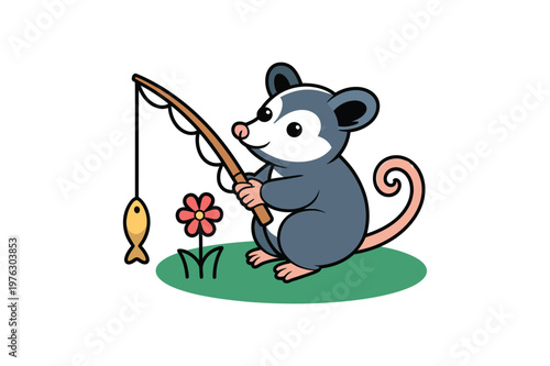 Cartoon opossum fishing with a rod and fish on a line beside a flower