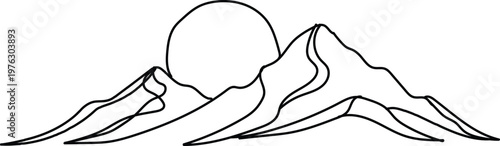 Minimalist continuous line drawing of mountain peaks with rising sun isolated on white background. Minimalism hand drawn style. Vector illustration