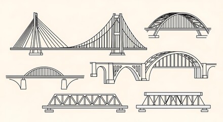 A collection of architectural drawings displaying various bridge styles, from suspension to truss, showcasing diverse construction