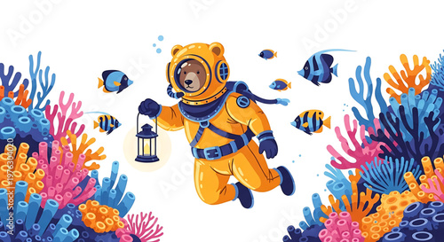 A colorful illustration of a bear in a diving suit exploring a vibrant coral reef with fish and sea anemones.