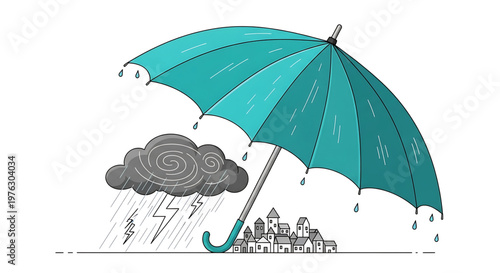 A teal umbrella protects a city from a stormy weather with rain and lightning