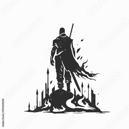 Black silhouette of a figure with a cape, holding a sword, overlooking a stylized city