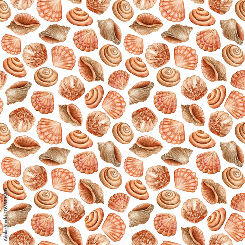 Seashells, watercolor seamless pattern. Sea background. A hand-drawn illustration.