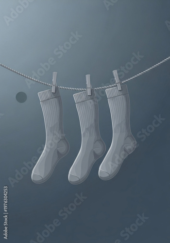 洗濯バサミでロープに吊るされた３つのグレーの靴下、静かなイラスト