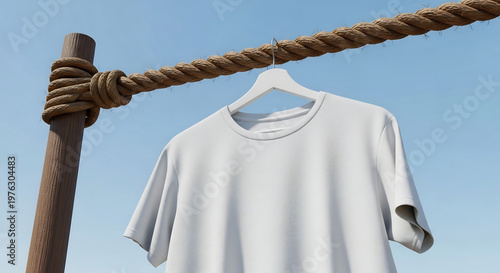 ロープの物干しに掛かる白いTシャツ、青空背景のシンプルな風景写真