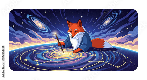 A whimsical cartoon fox in a wizard robe conjures magic on a starry night sky with planets and galaxies