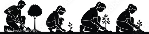 People planting trees silhouette vector illustration.