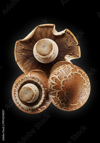 黒背景に配置された３つの茶色い新鮮なマッシュルームのクローズアップ写真