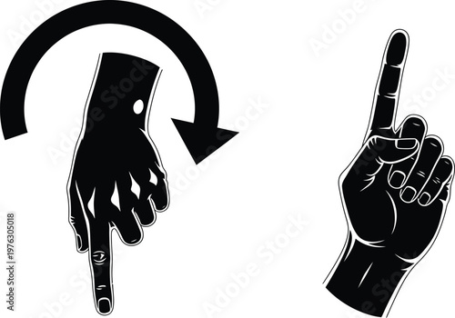 Hand gestures indicating rotation and pointing direction with a single finger raised