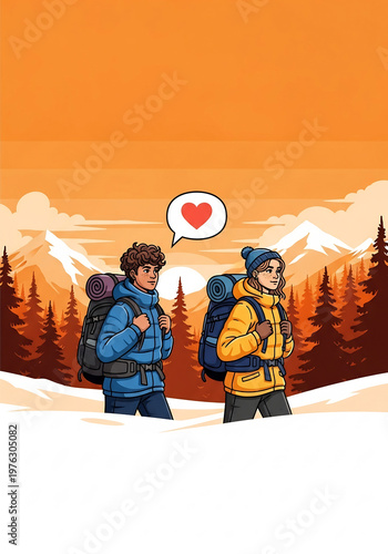 仲睦まじいカップルが雪山の美しい風景の中でハイキングを楽しんでいるイラスト
