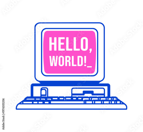 Vintage retro computer monitor displaying 'Hello World' on screen. Isolated hand-drawn illustration for programming, tech nostalgia, and coding-themed projects.