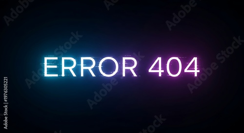Error 404 message with glowing blue and purple neon lights on a dark background internet technology abstract.