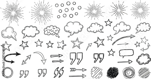 Doodles feature various speech bubbles.