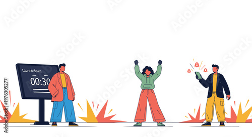 People celebrating, colorful flat illustration, timer countdown, party poppers, joyful crowd