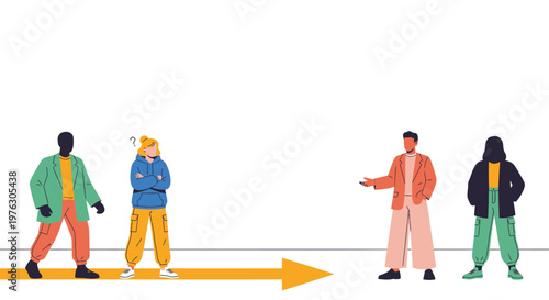 Diverse people walking, social interaction, flat illustration, arrow, direction, vector graphics