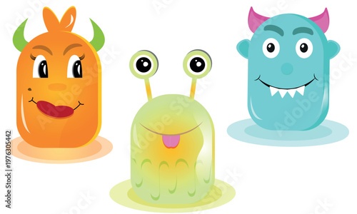 three colorful, cheerful, cute, monsters