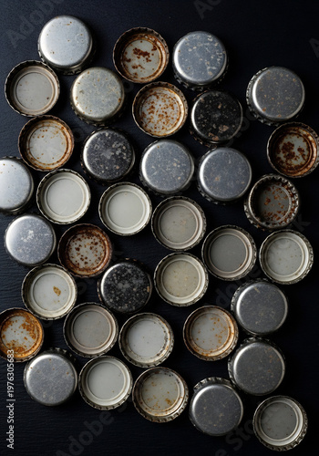 古びた金属製のボトルキャップが黒い背景に多数散らばる静物写真
