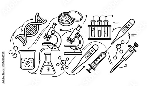 Modern scientific research icon set DNA microscope petri dish syringe lab vector illustration