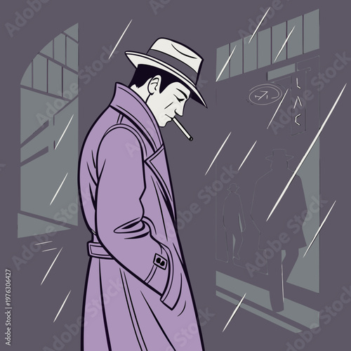 Man in trench coat smoking in the rain with film noir cigarette detective melancholy silhouette illustration atmosphere character solitude contemplation storytelling monochrome atmospheric