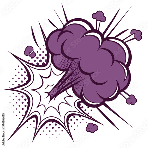 Purple comic book style explosion graphic with sound effect comic art pop art explosion illustration abstract stylized background halftone energetic
