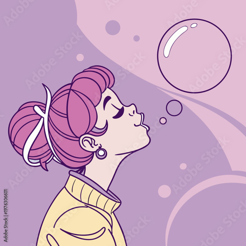 Woman blowing bubbles with colorful hair and sweater purple hair bun thoughtful expression hairstyle innocent childlike imagination daydream nostalgia abstract background lifestyle