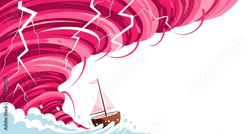 A vector graphic illustration of a small sailboat struggling to stay afloat in turbulent waters as a large pink tornado with lightning bolts looms in the background.