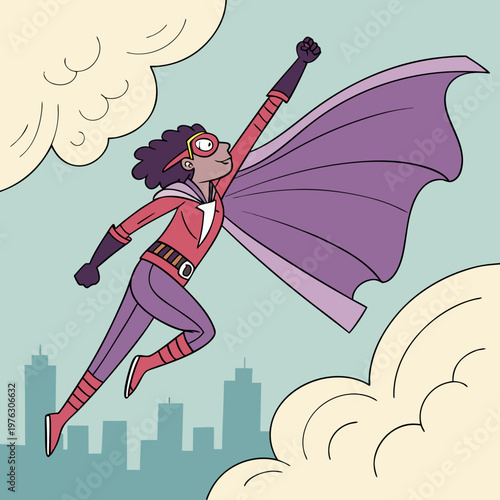 Young female superhero with afro flying curly hair superhero illustration adventure superpowers achievement confident